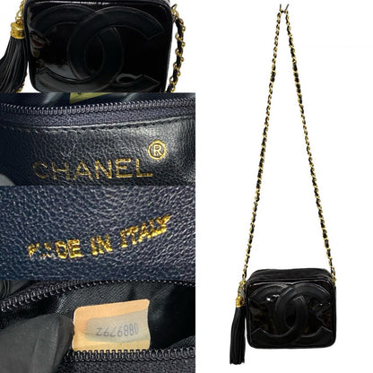 CHANEL Shoulder Bag Lambskin, Patent Leather black COCO Mark Tassel Women