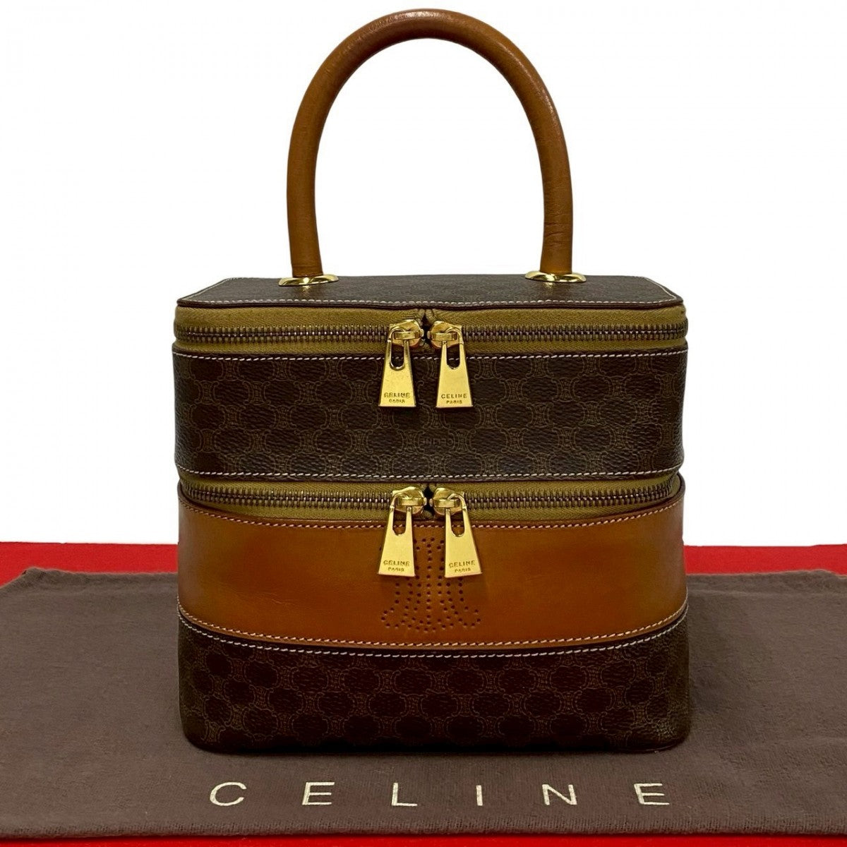 CELINE Handbag Leather, PVC Brown Macadam Blason Triomphe Pattern Women