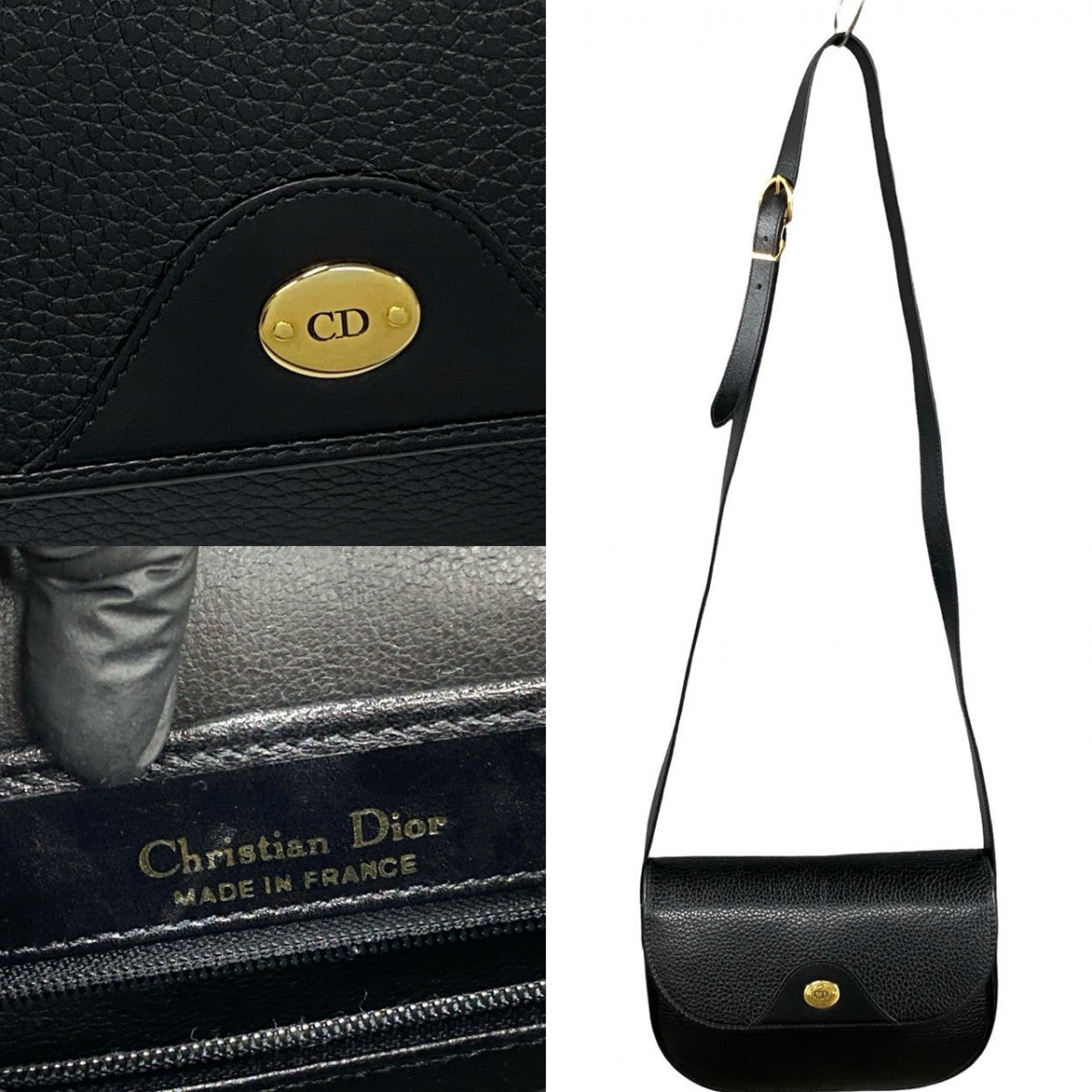 Dior Shoulder Bag leather black CD logo Metal Women