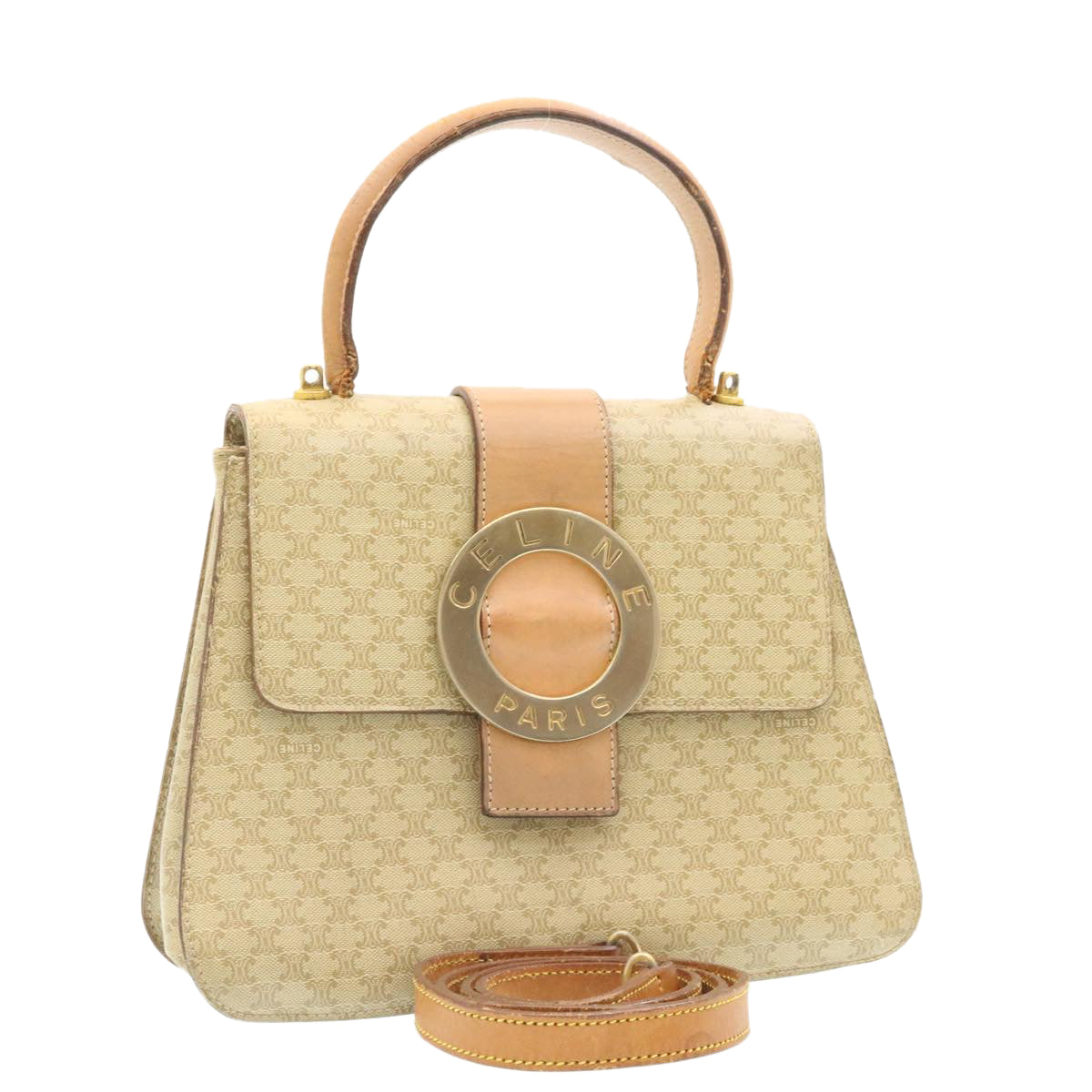 Luxury CELINE Macadam Circle Logo 2Way Shoulder Hand Bag PVC Leather Beige  25937