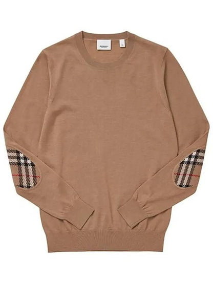 Luxury Burberry Check Patch Crew Neck Wool Knit Top Beige