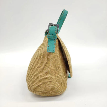 Fendi Mamma Baguette Raffia Straw with Blue Leather