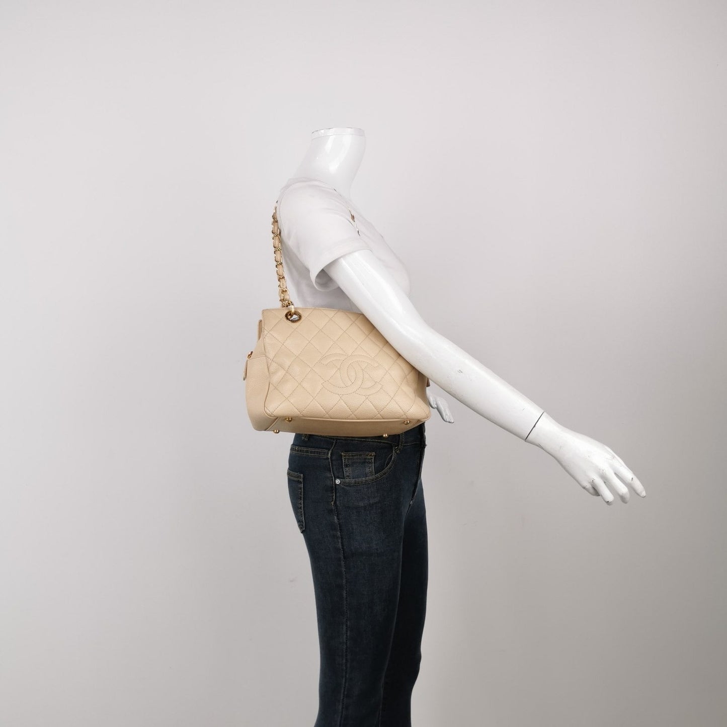 Chanel Petite Shopping Tote PST 2011 Beige Caviar Leather Chain Shopping Bag
