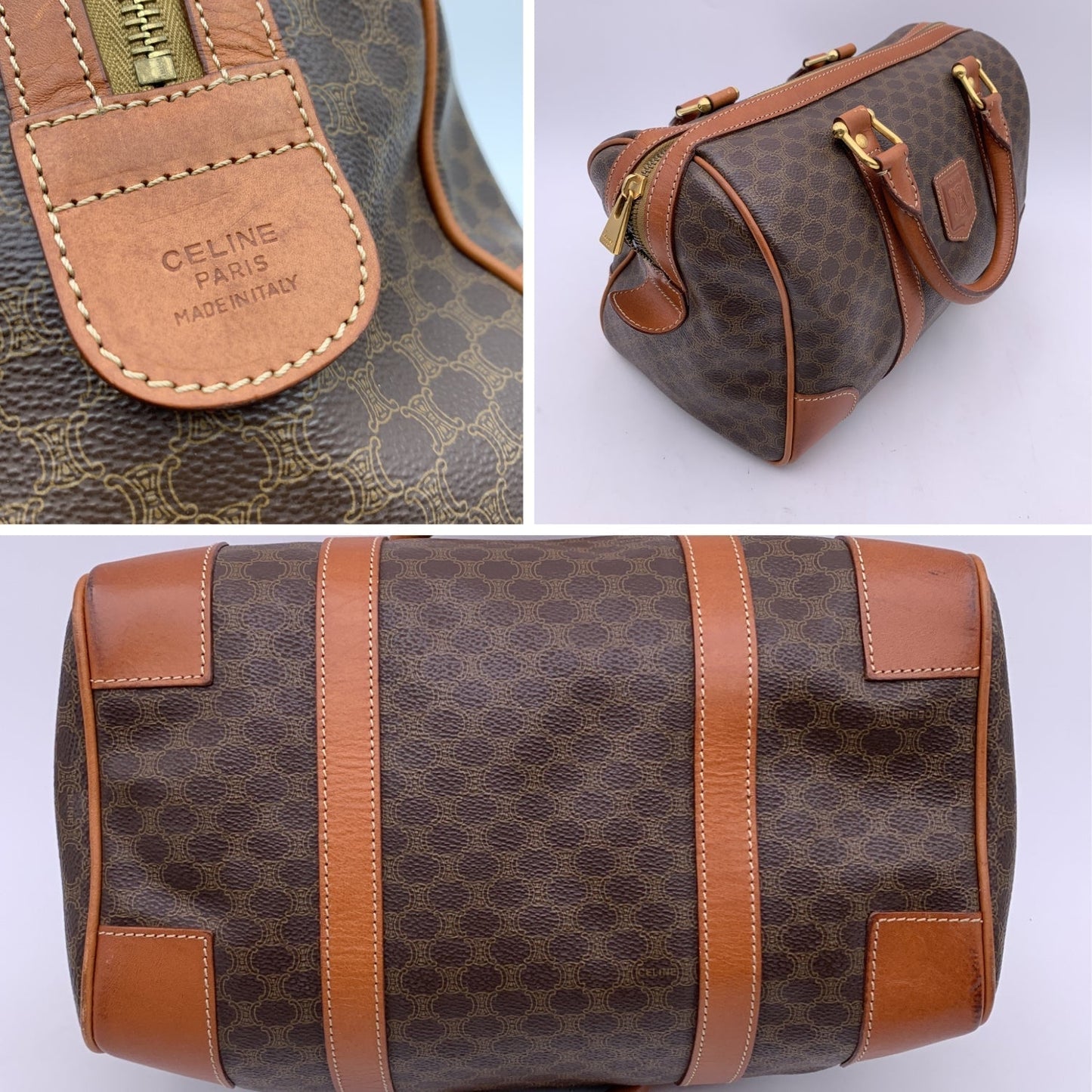Luxury CELINE Vintage Brown Macadam Canvas Boston Bag Duffel Duffle