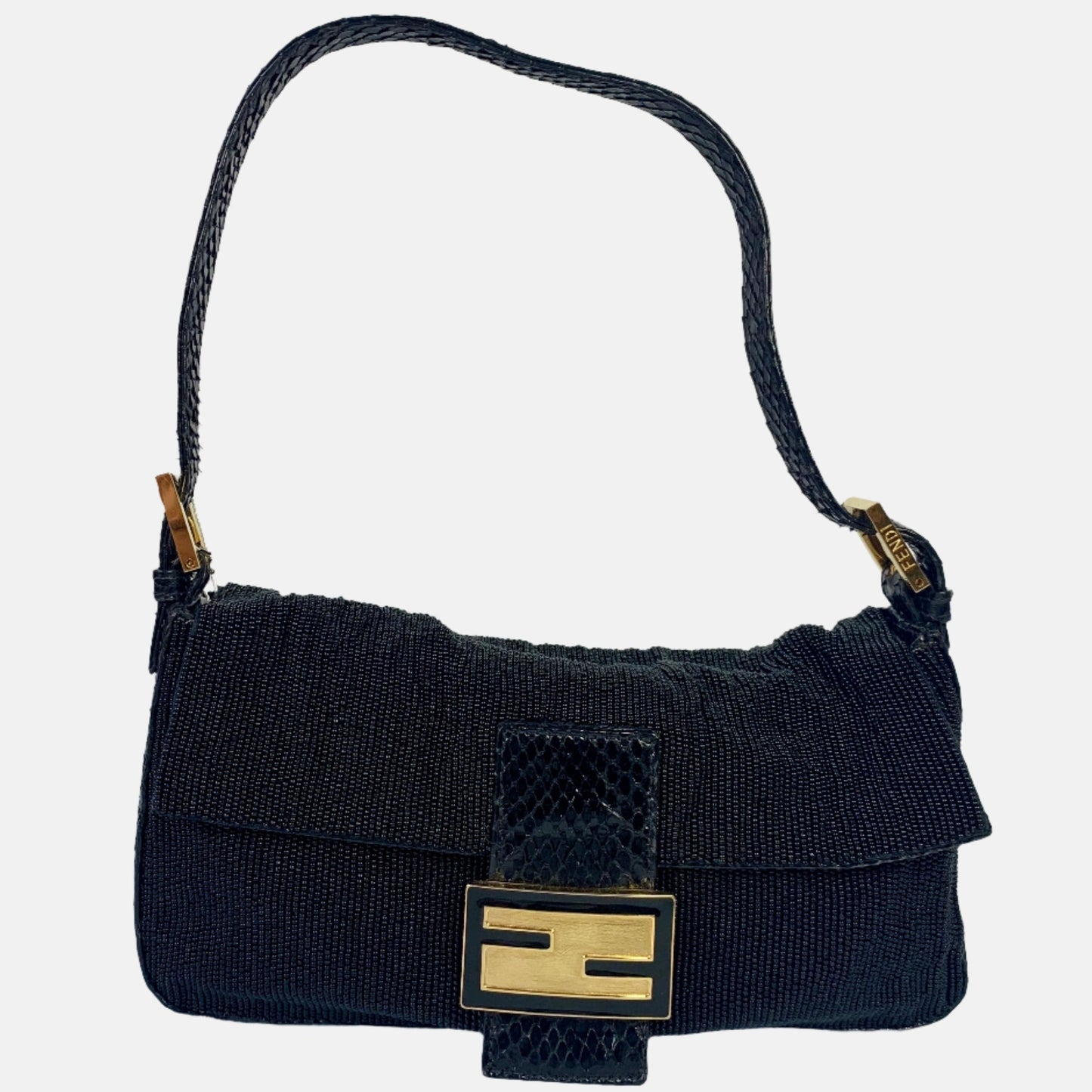 Fendi Baguette Vintage Black Round Beads with Snake Skin Strap