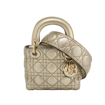 Lady Dior Mini Supple Calfskin Leather Gold Cannage Handbag with Strap
