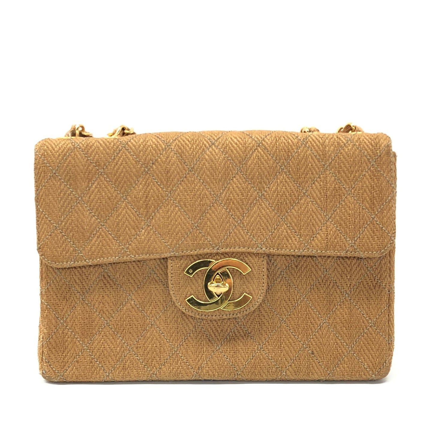 Chanel Vintage Classic Maxi Single Flap Brown Braided Raffia Canvas Diamond Stitch 24 Gold Hardware