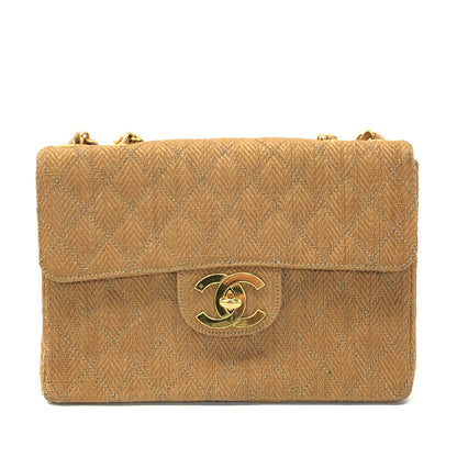 Chanel Vintage Classic Maxi Single Flap Brown Braided Raffia Canvas Diamond Stitch 24 Gold Hardware