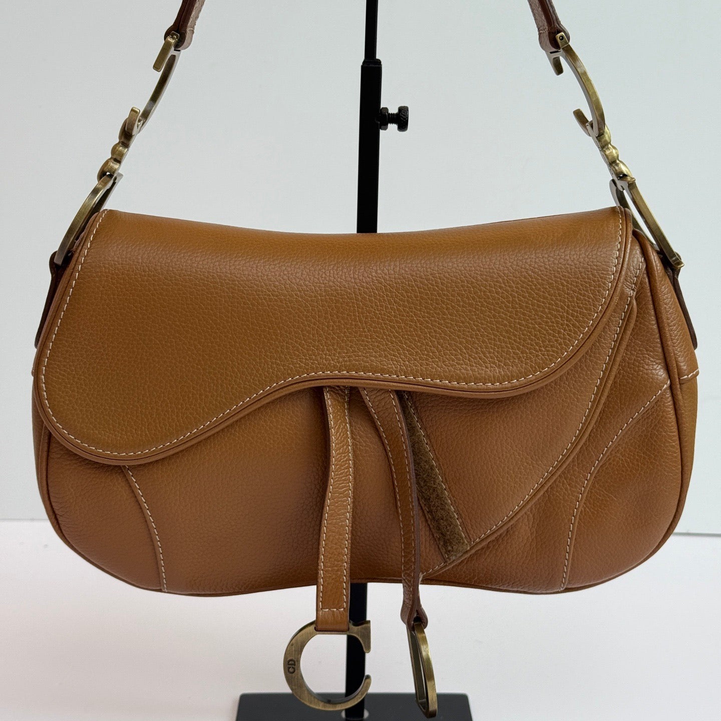 Dior Vintage Double Saddle Brown Leather Gold-tone Hardware