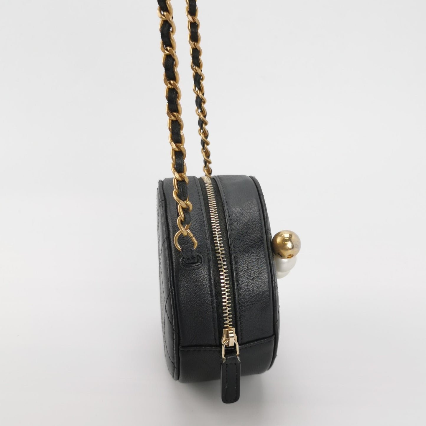 Chanel Round Black Lambskin Leather Crossbody Bag with Matelasse Chain and Pearls