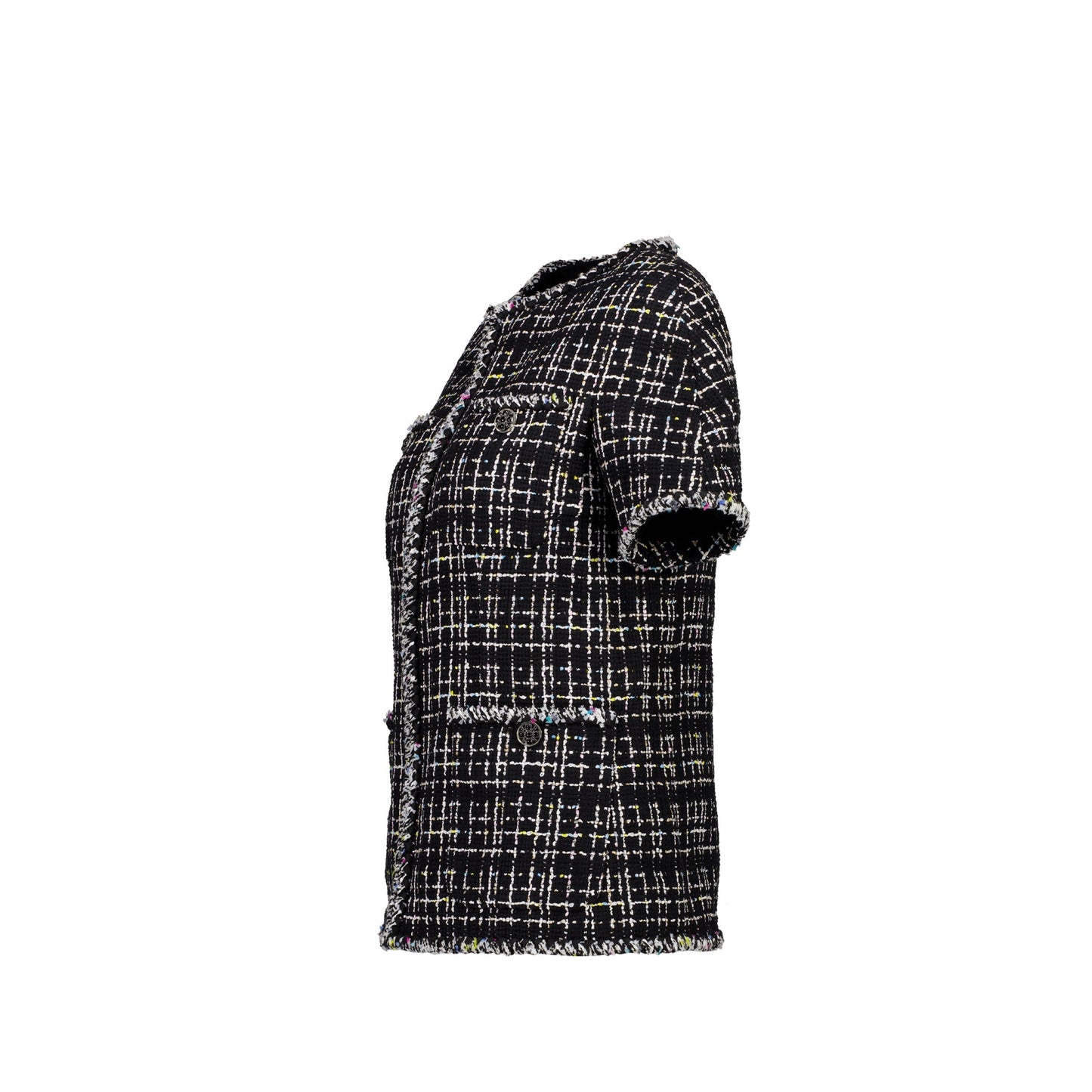 Chanel Size 38 Short Sleeve Tweed Jacket Black/White/Pink/Yellow
