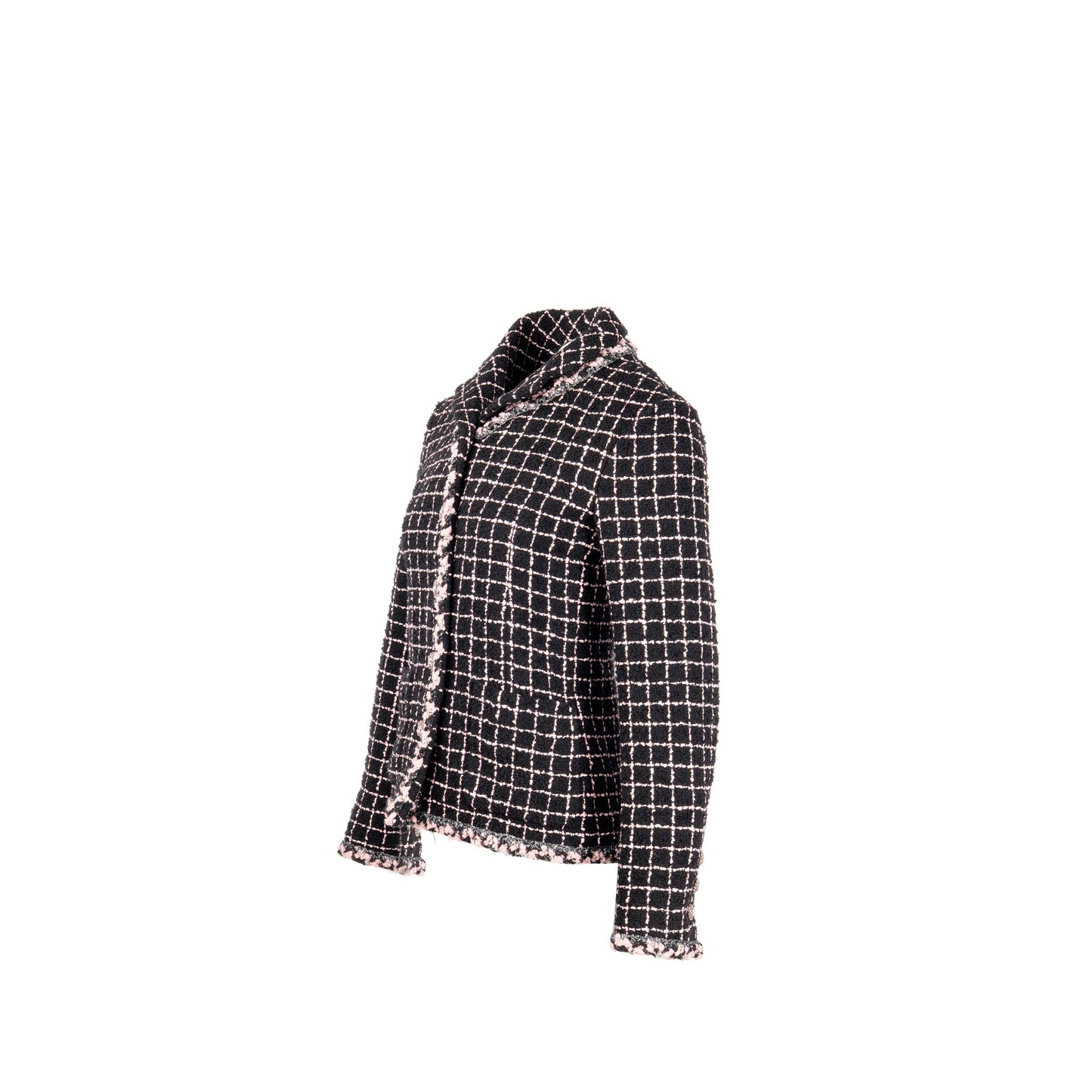 Chanel Size 36 Camellia Detailed Button Tweed Jacket Wool/Polyamide Black/Pink