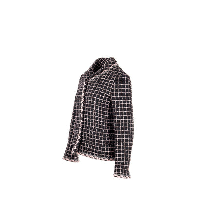 Chanel Size 36 Camellia Detailed Button Tweed Jacket Wool/Polyamide Black/Pink