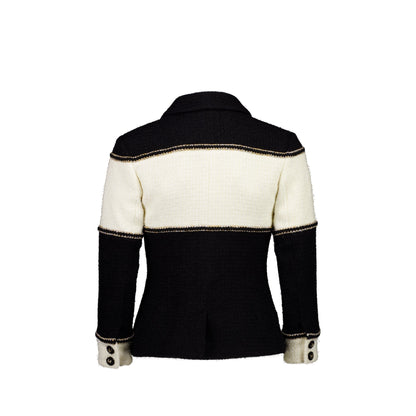 Chanel Size 34 CC-buttons Tweed Jacket Black/White/Gold/Silver