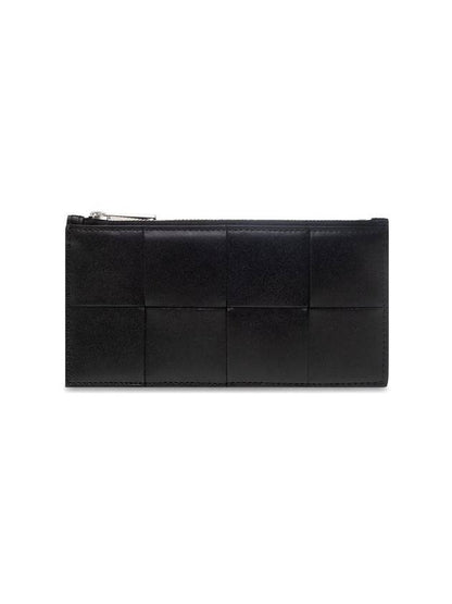 Luxury Bottega Veneta Intrecciato Zipper Leather Card Wallet Black
