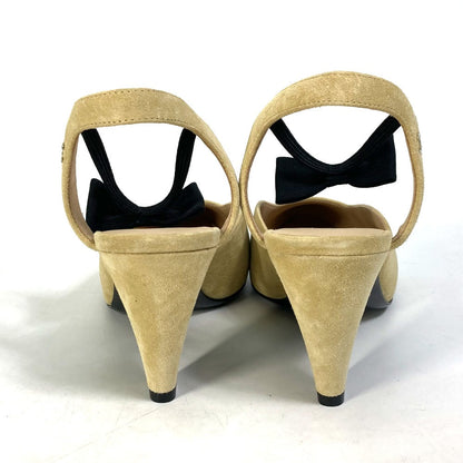CHANEL Mule G36360 Canvas/Suede , Canvas/Suede Beige x black Heel CC logo COCO Mark Ribbon bicolor Women 37