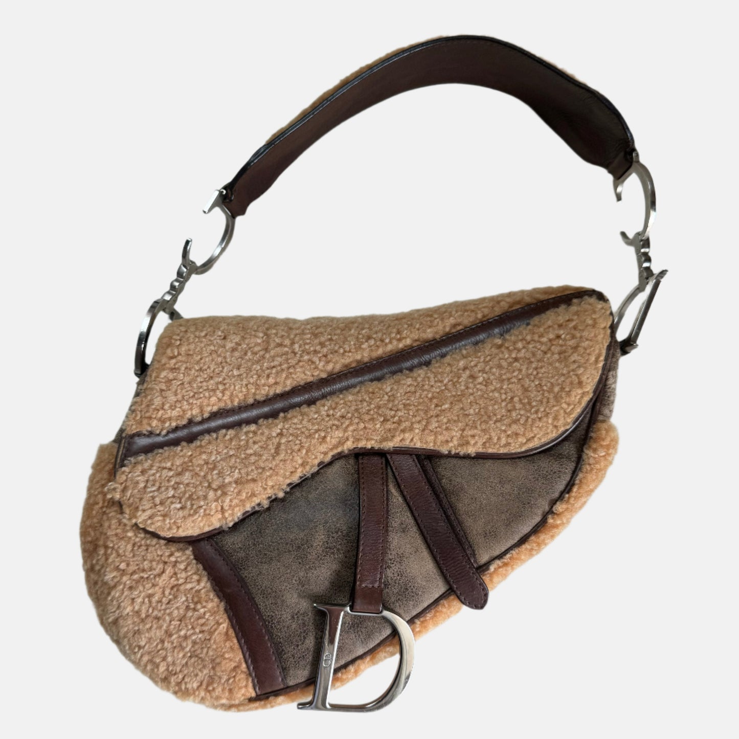 Dior Saddle Vintage Shoulder Bag Shearling Brown and While