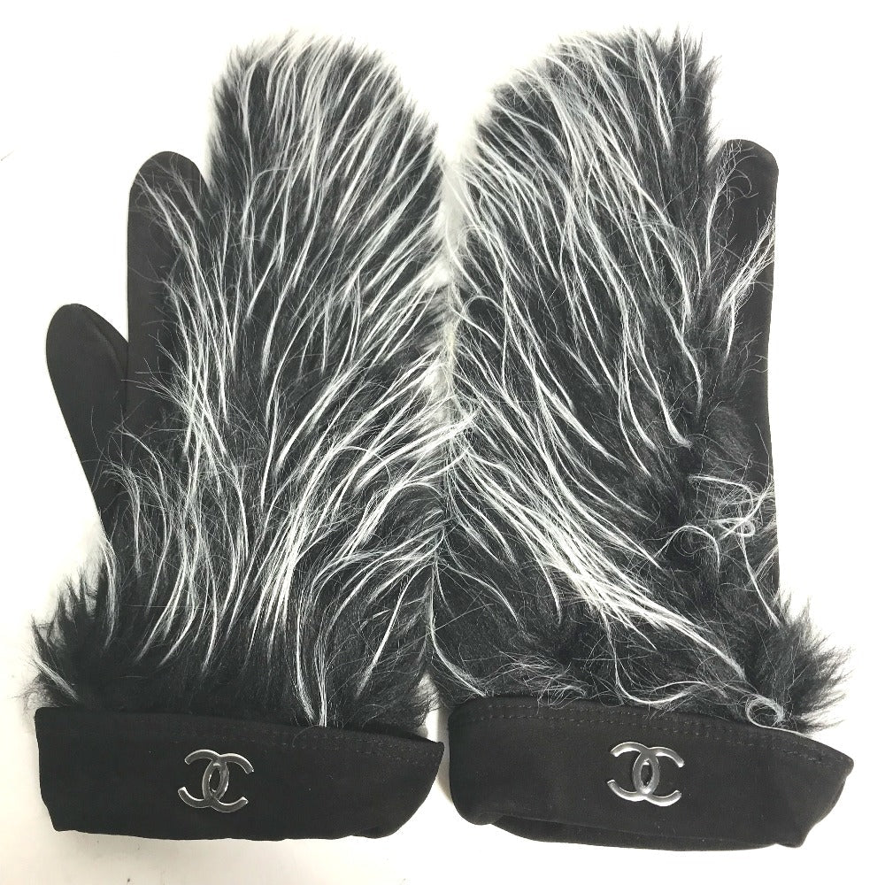 CHANEL gloves suede black Fur CC COCO Mark Women 7.5