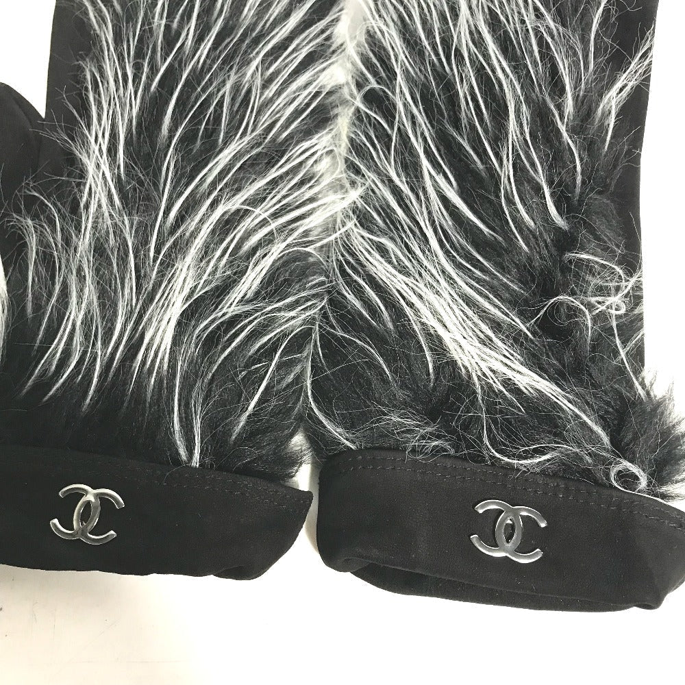 CHANEL gloves suede black Fur CC COCO Mark Women 7.5