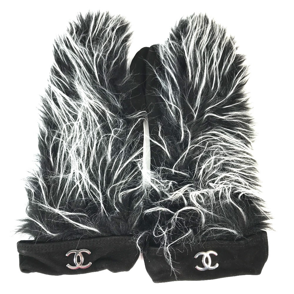 CHANEL Glove Nubuck black mitten type CC COCO Mark Fur Women 7.5