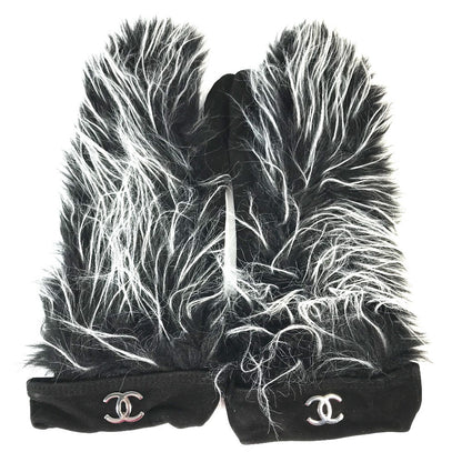 CHANEL Glove Nubuck black mitten type CC COCO Mark Fur Women 7.5