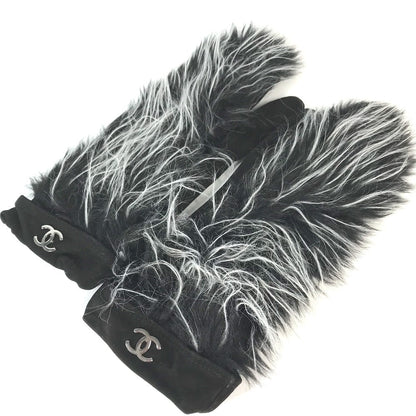 CHANEL Glove Nubuck black mitten type CC COCO Mark Fur Women 7.5
