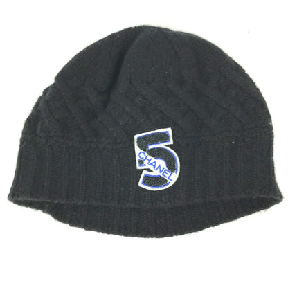 CHANEL Knit hat cashmere black NO 5 Number 5 logo Women