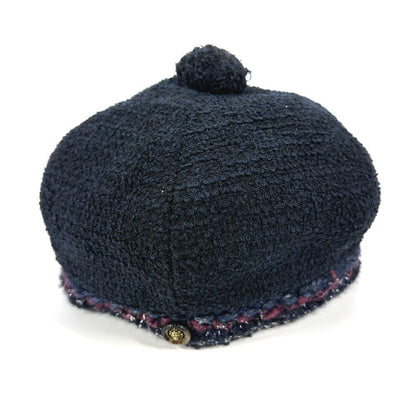 CHANEL Knit hat cotton Navy Glitter logo with pom-pom CC COCO Mark Tweed Women 57