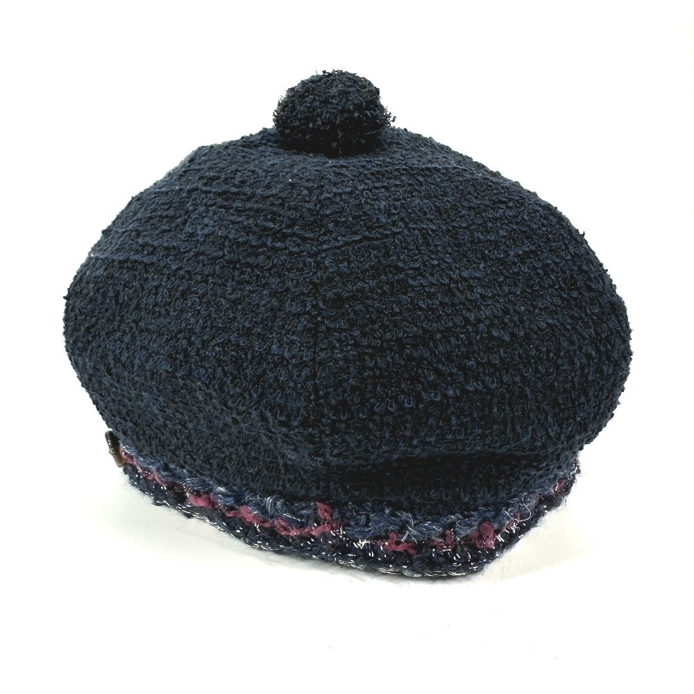 CHANEL Knit hat cotton Navy Glitter logo with pom-pom CC COCO Mark Tweed Women 57