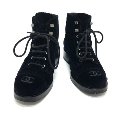 CHANEL boots G34954 velvet black CC COCO Mark Lace up Women 37.5