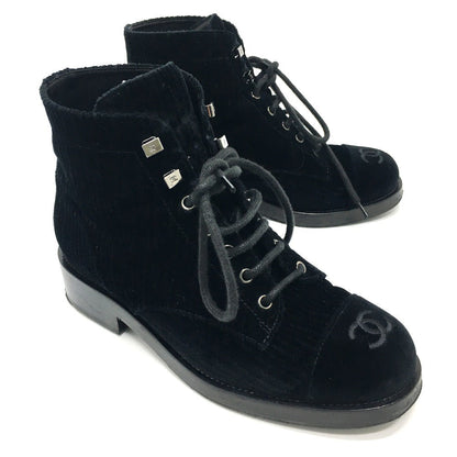 CHANEL boots G34954 velvet black CC COCO Mark Lace up Women 37.5