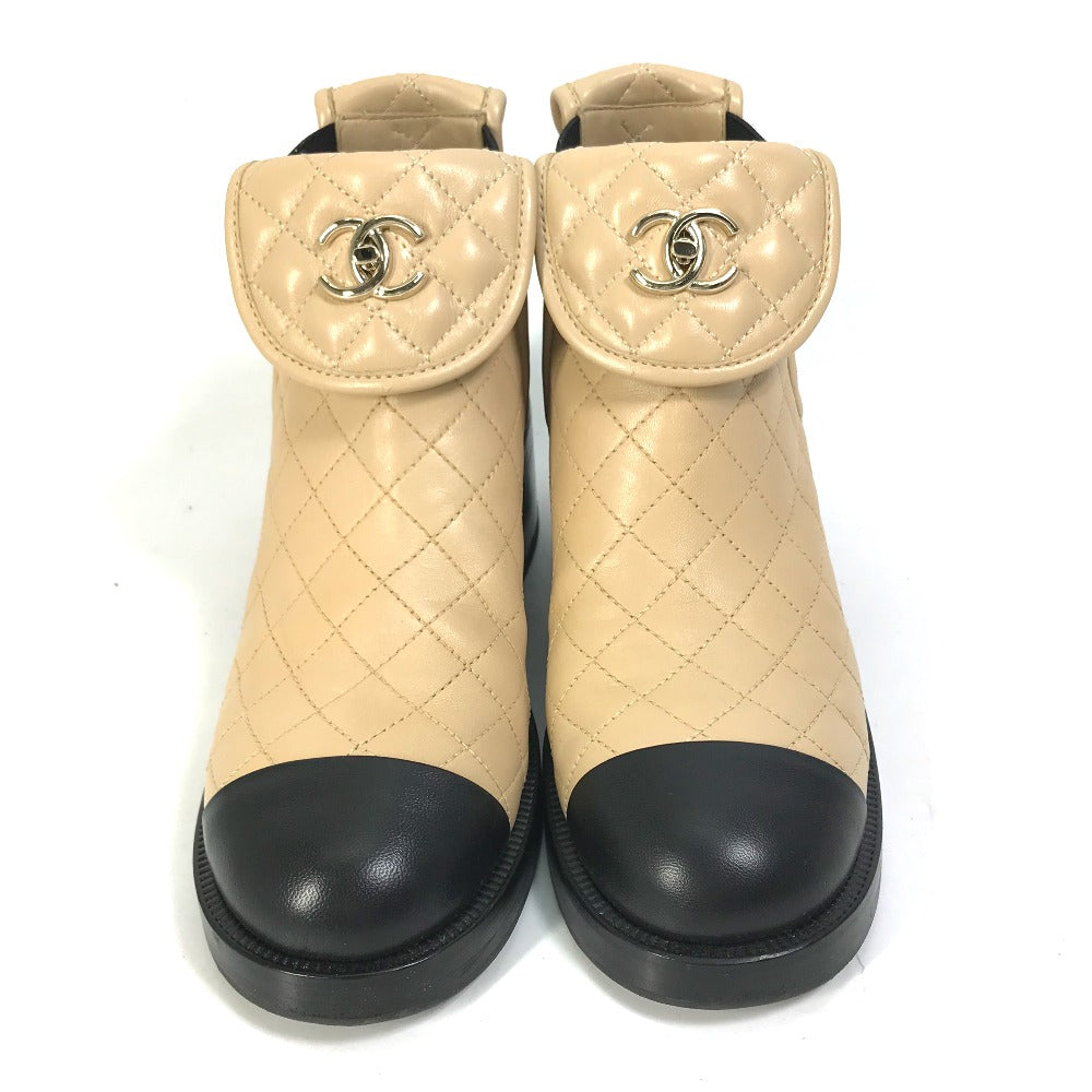 CHANEL boots G45144 lambskin beige 23B Bicolor Shoes Turnlock Matelasse Quilted Side Gore Women 38