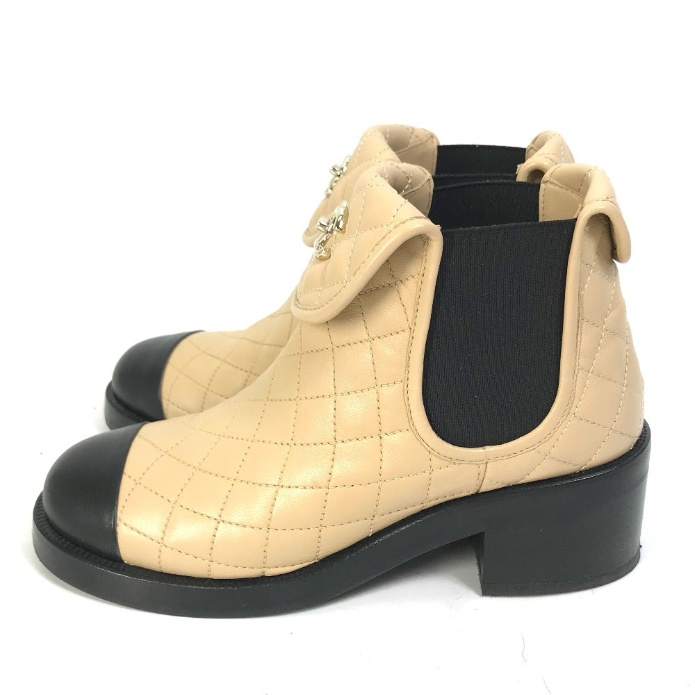 CHANEL boots G45144 lambskin beige 23B Bicolor Shoes Turnlock Matelasse Quilted Side Gore Women 38