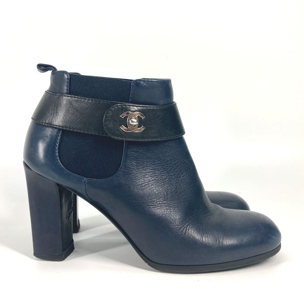 CHANEL boots G29293 leather Navy short boots shoes shoes heels CC COCO Mark Turnlock 37 1/2C