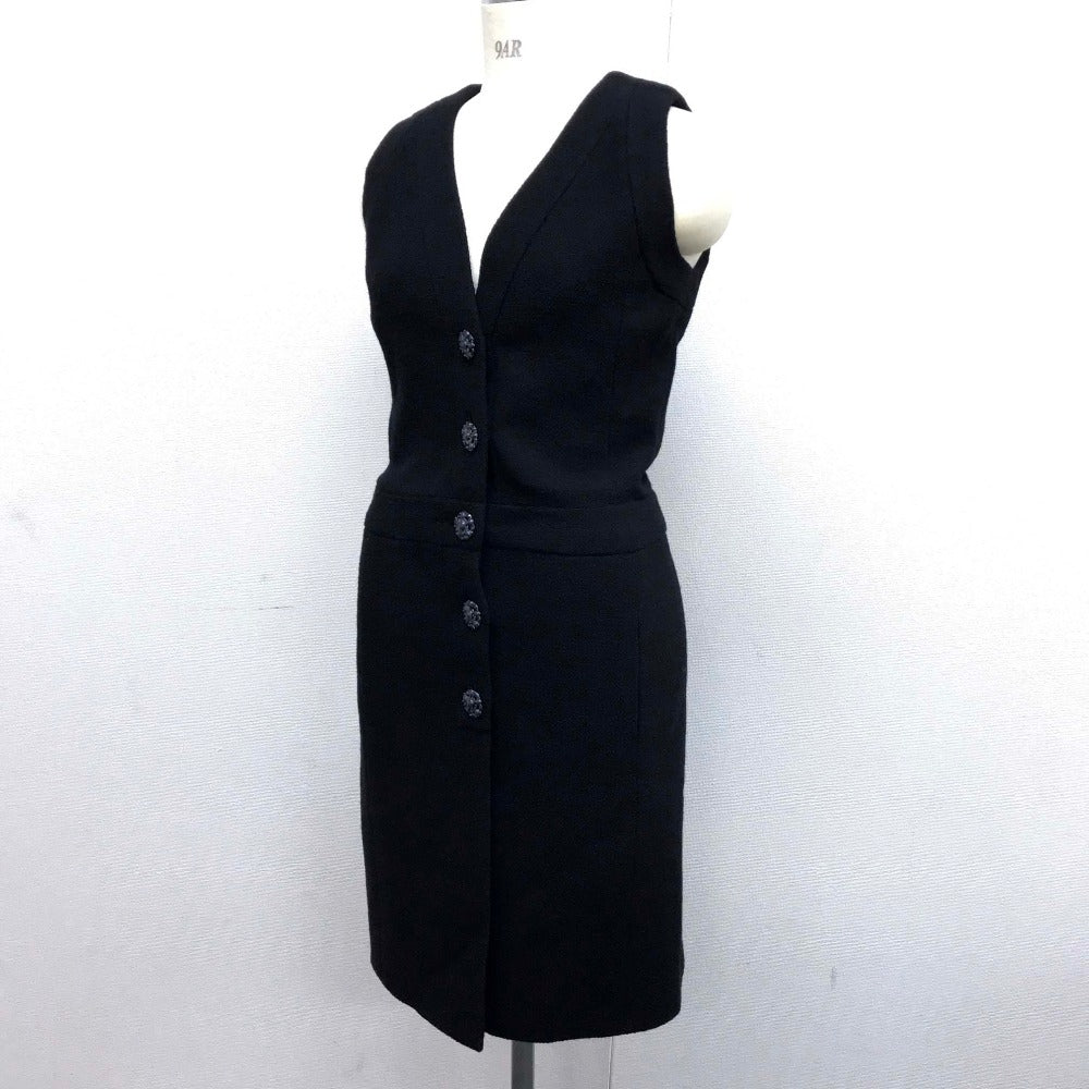 CHANEL one piece Tweed, Silk black 15C Beaded V-neck with front button Women 34