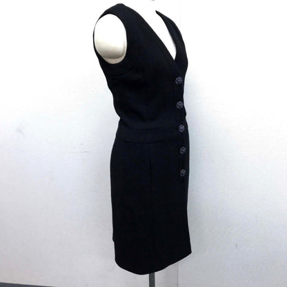 CHANEL one piece Tweed, Silk black 15C Beaded V-neck with front button Women 34