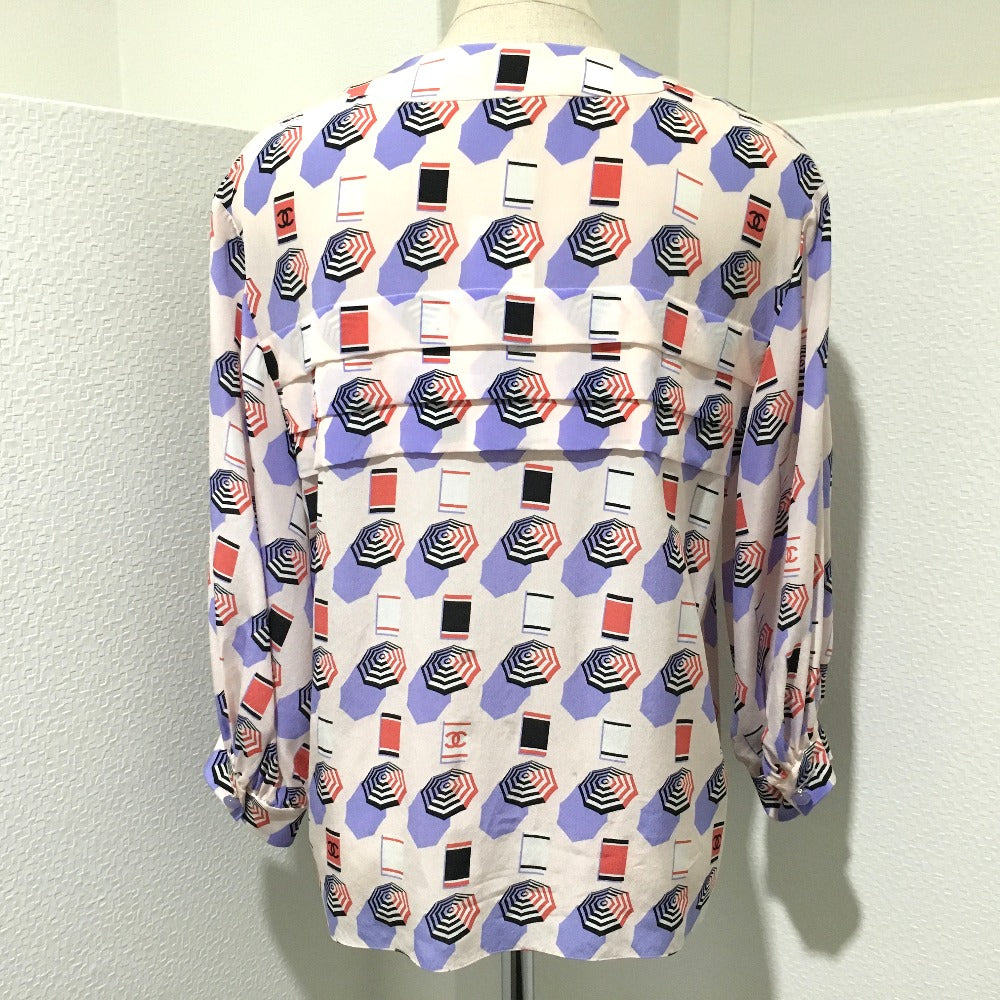 CHANEL Long sleeve shirt P61308 silk Soft pink typex multicolor CCCOCO Mark 19S parasol motif Women 34