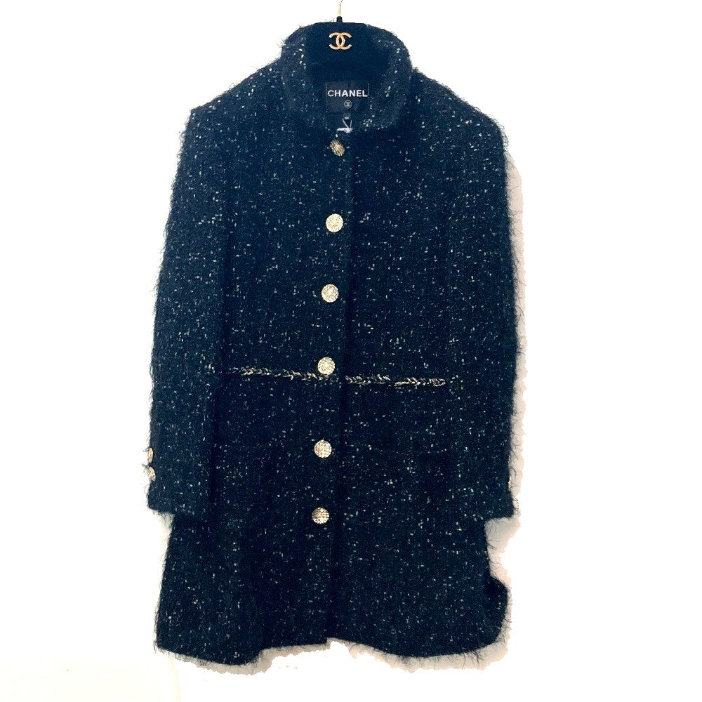 CHANEL coat P73115 Nylon, Cotton black lame tweed Matelasse COCO Mark Button Women 34