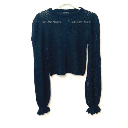 CHANEL knit P75692 Alpaca, Nylon black CC COCO Mark Lace Rhinestone Women 34