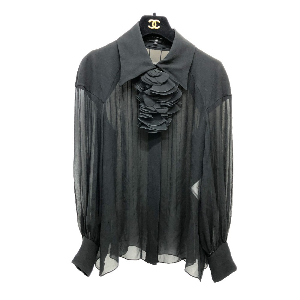 CHANEL blouse P55115 silk black Apparel long sleeve tops See-through Camellia Brooch Women 34