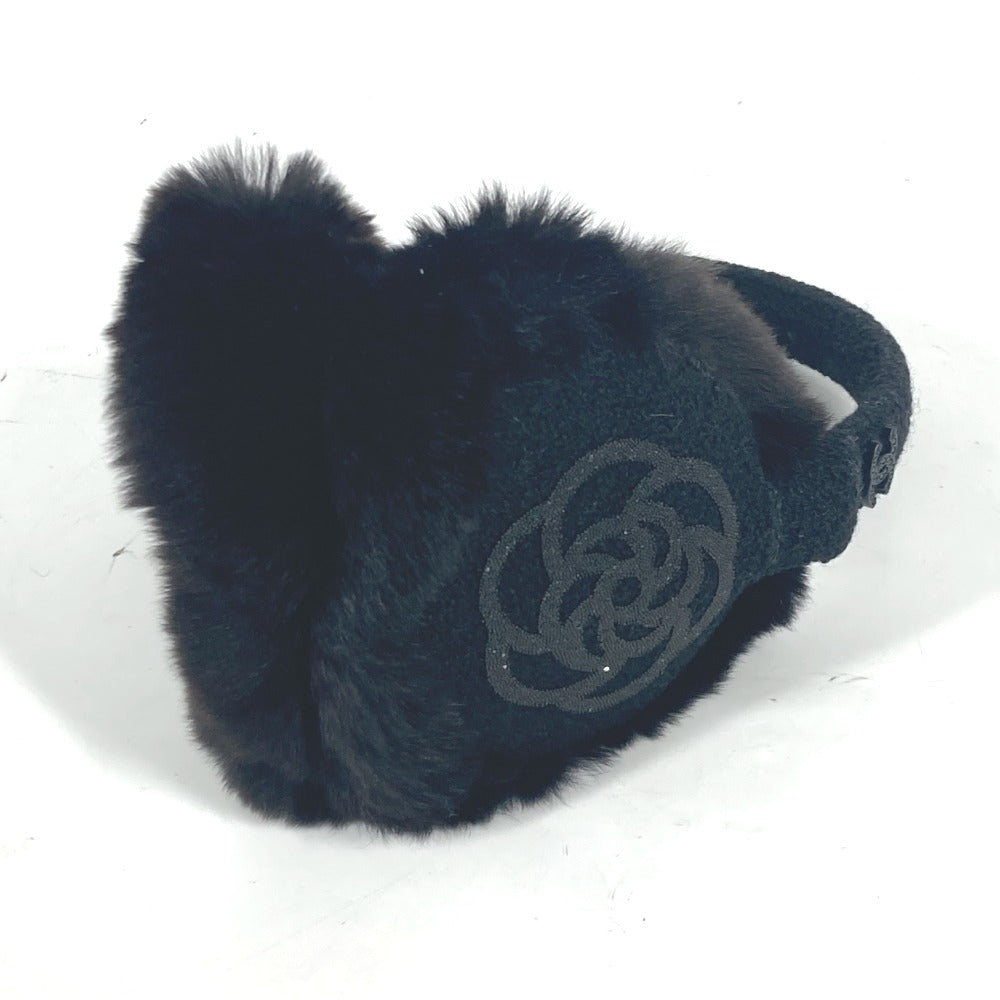 CHANEL Earmuff fur black ear warmers Camellia Stone CC COCO Mark logo Women
