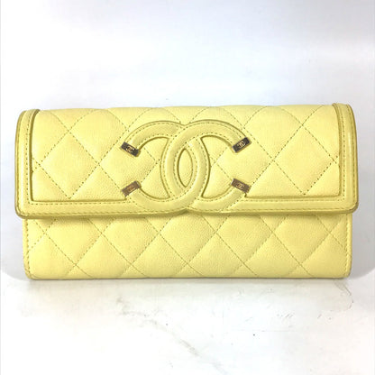 CHANEL Long Wallet Purse Caviar skin yellow Two fold Long wallet Filigree CC COCO Mark Women