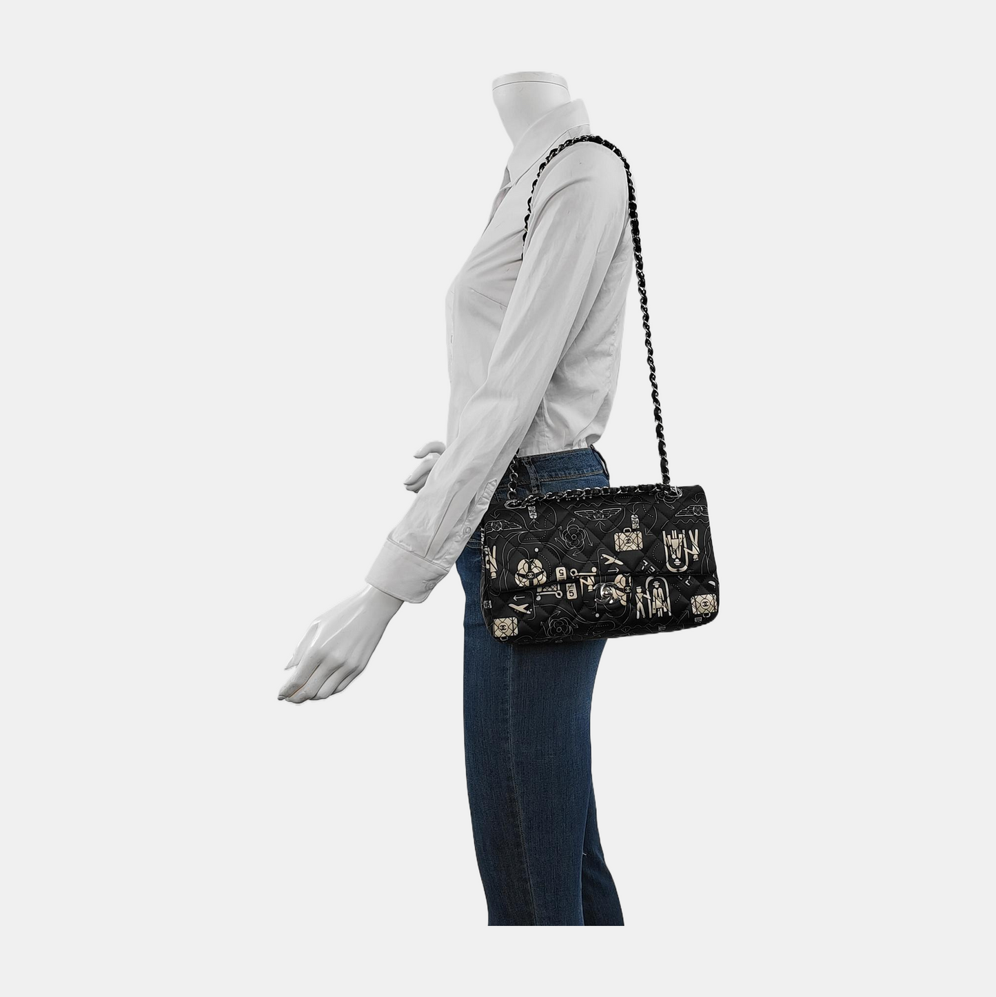 Chanel Satin Airline Printed Medium Double Flap Bag Black and White