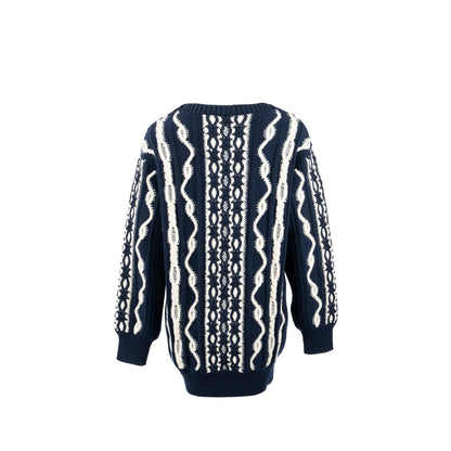 Chanel Size 34 18A Hamburg Chunky Knit Sweater Wool/Cashmere Navy/White