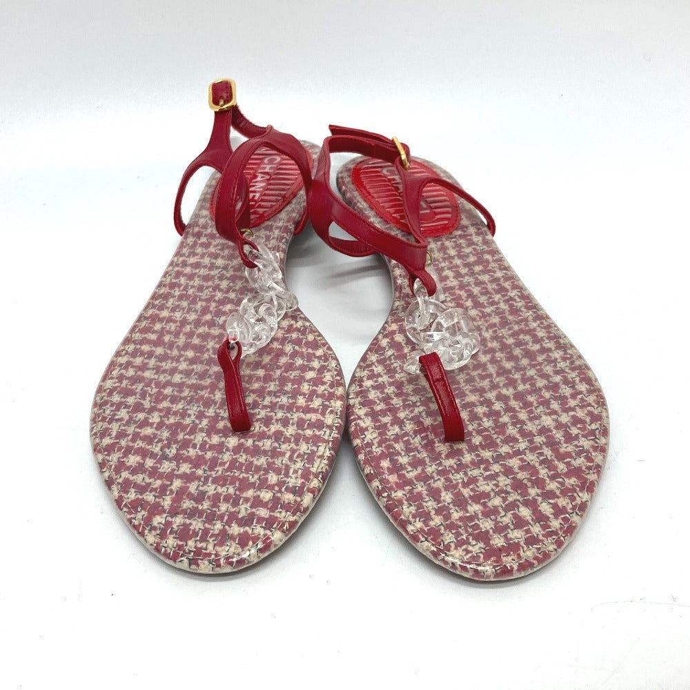 CHANEL Sandals leather Red petanko flat shoes CC COCO Mark Tweed Women 38