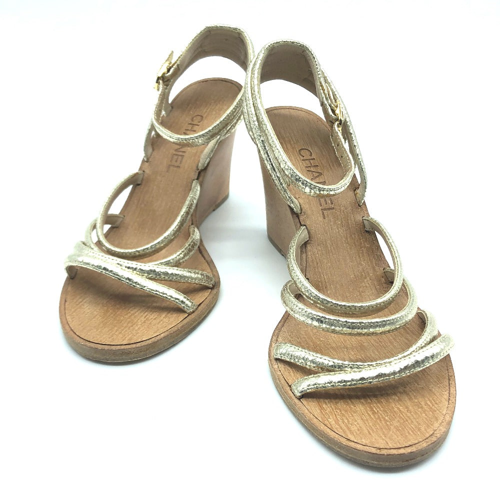 CHANEL Sandals leather Champagne Gold CC COCO Mark Wood sole Women 36 1/2C