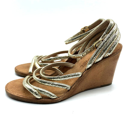 CHANEL Sandals leather Champagne Gold CC COCO Mark Wood sole Women 36 1/2C