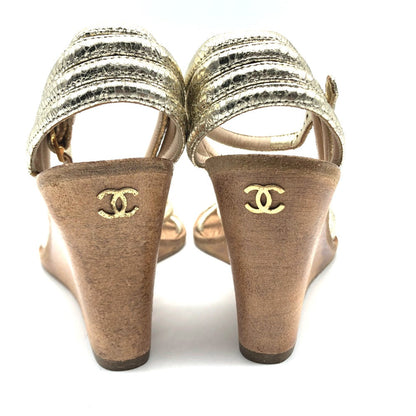 CHANEL Sandals leather Champagne Gold CC COCO Mark Wood sole Women 36 1/2C