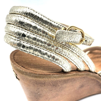 CHANEL Sandals leather Champagne Gold CC COCO Mark Wood sole Women 36 1/2C