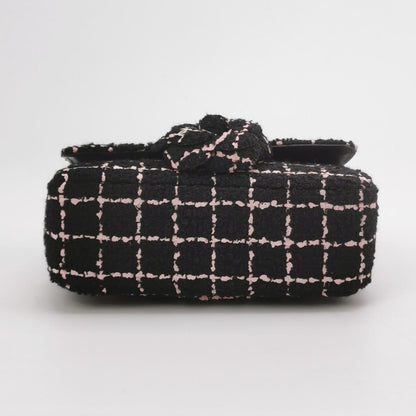 Chanel Mini Rectangular Tweed Flap Bag Black Pink Camellia Single Chain Crossbody